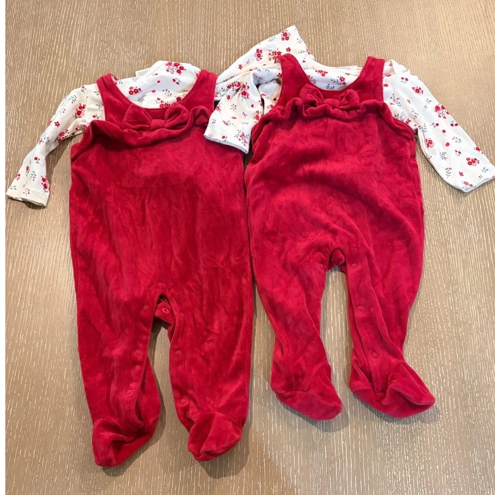 First Impressions Baby Girls Red Velour Floral Footed Romper Lot 6-9 Months